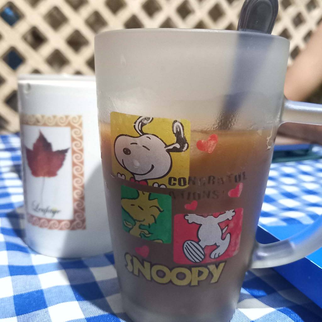 Iced coffee in a frosted Snoopy mug on a blue checkered tablecloth, with a maple leaf ceramic mug in the background